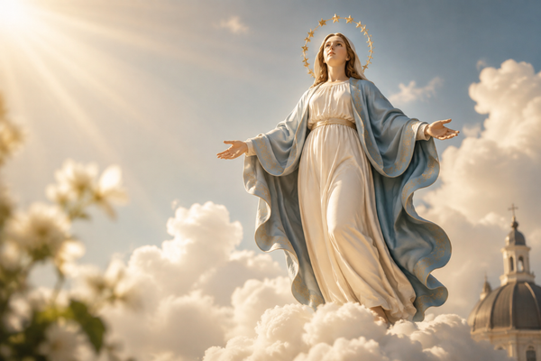 Handcrafted Catholic Virgin Mary statue inspired by the Assumption, displayed in a home prayer space