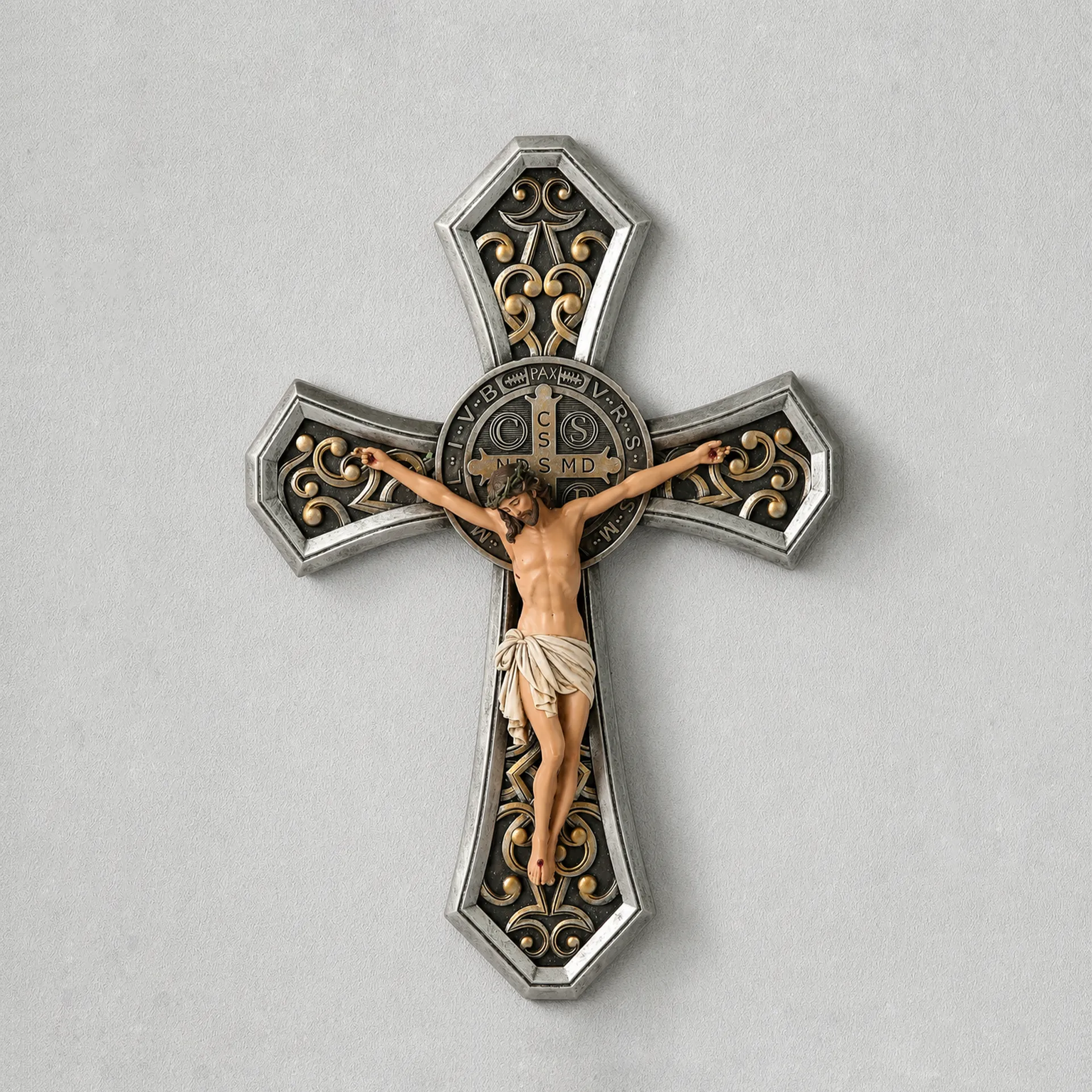 BC Catholic Saint Benedict Ornate Wall Crucifix-Renaissance