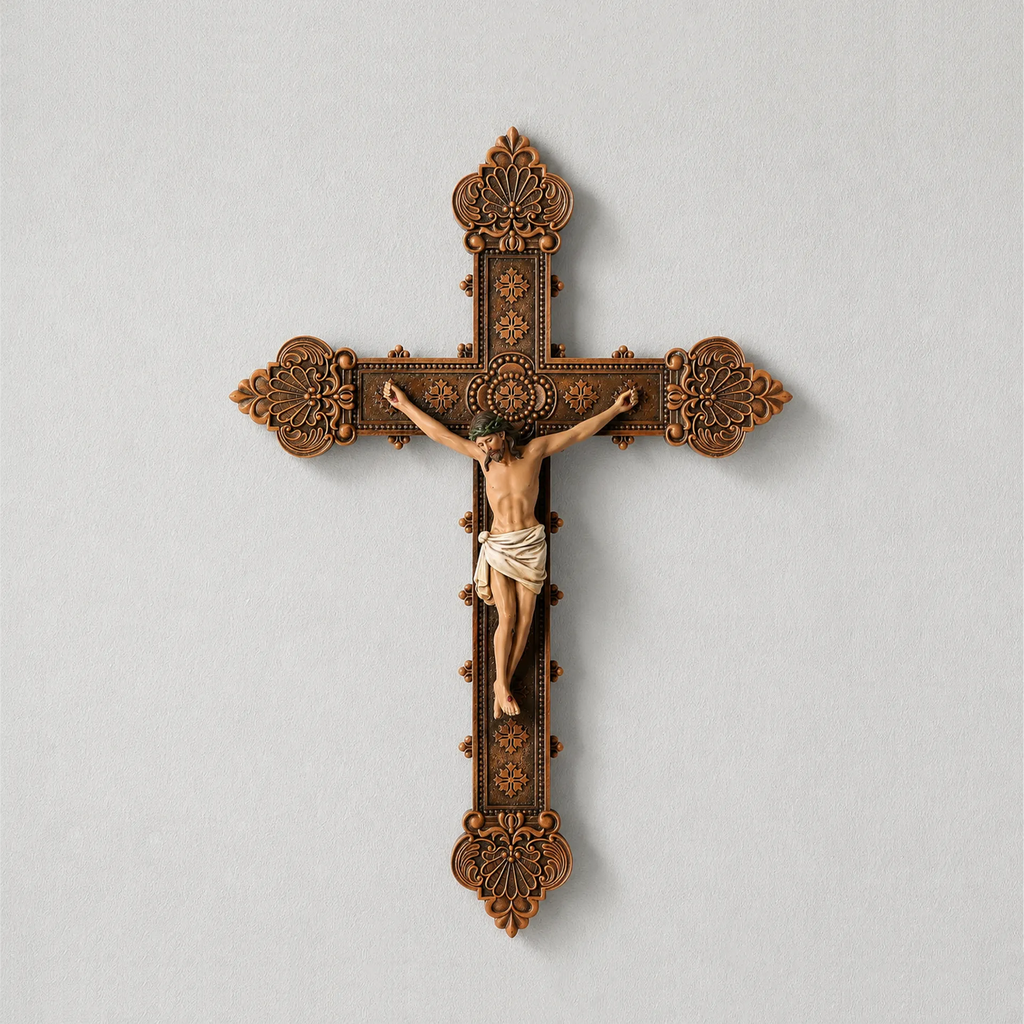 BC Catholic Baroque Embossed  Wall Crucifix-Renaissance