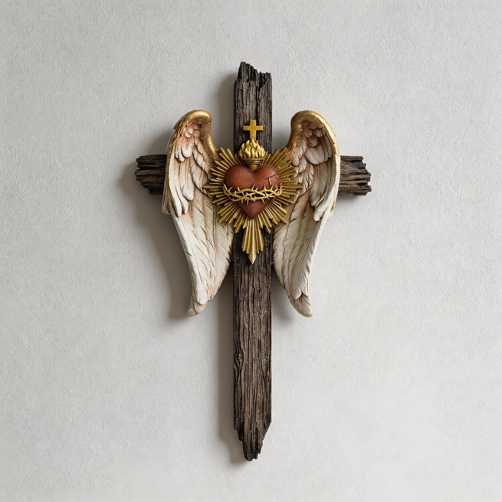 BC Catholic Sacred Heart of Jesus Wall Cross-Guardian Angel Decor