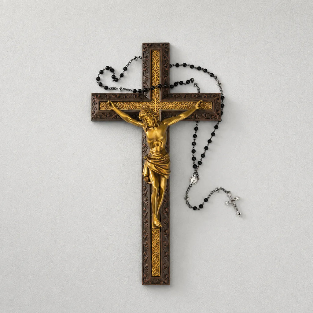 BC Catholic Crucifix Jesus Wall Cross-with Black Ebony Wood Rosary