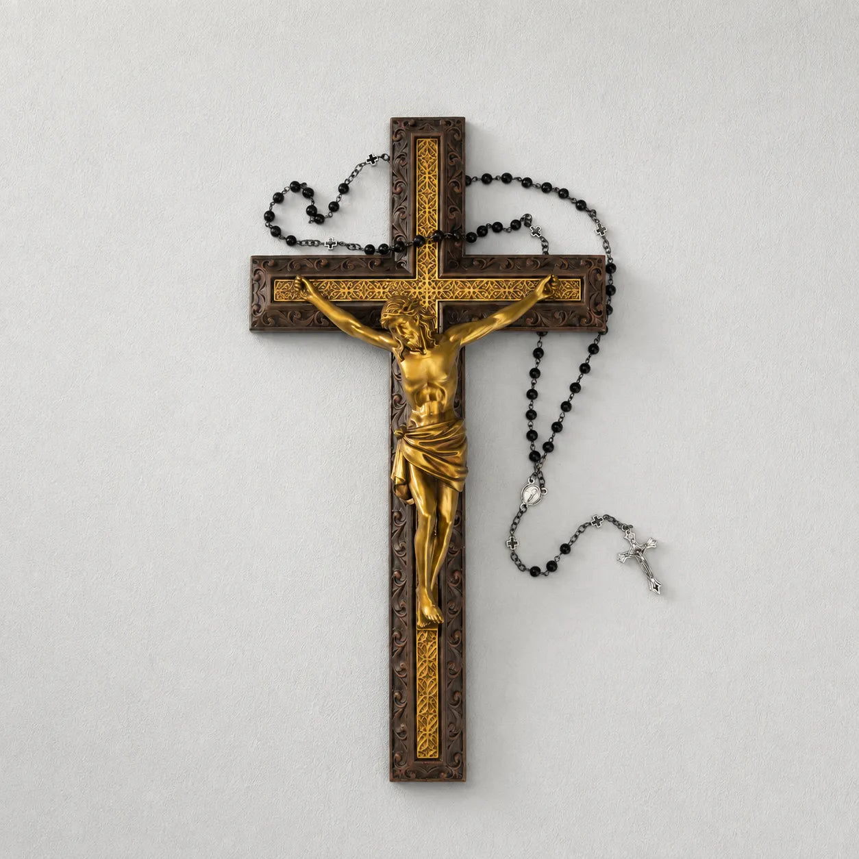 BC Catholic Crucifix Jesus Wall Cross-with Black Ebony Wood Rosary