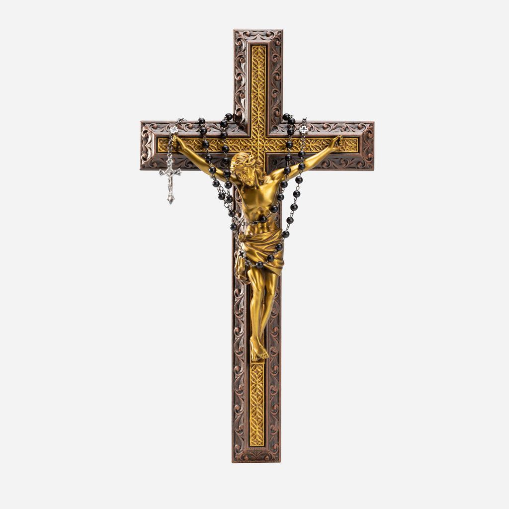 BC Catholic Crucifix Jesus Wall Cross-with Black Ebony Wood Rosary