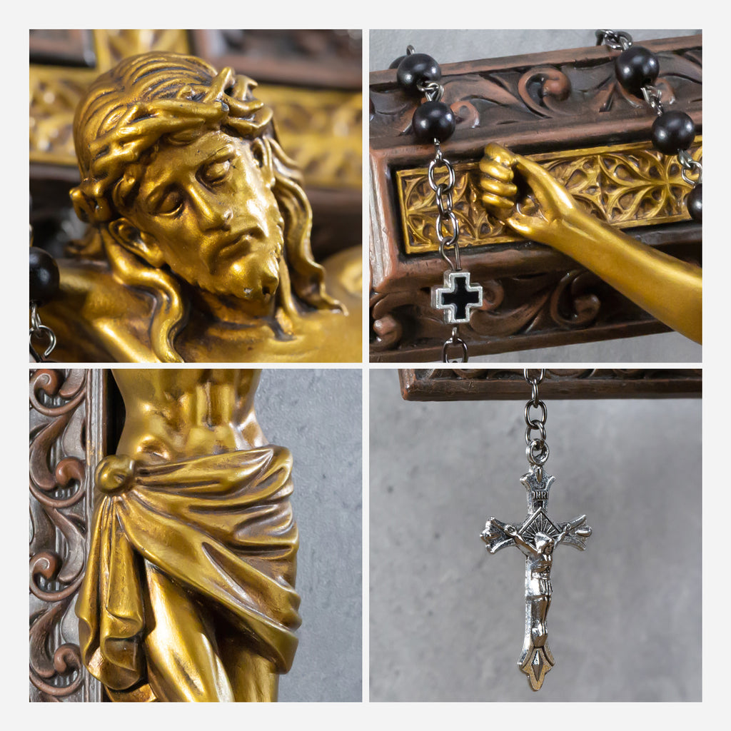 BC Catholic Crucifix Jesus Wall Cross-with Black Ebony Wood Rosary