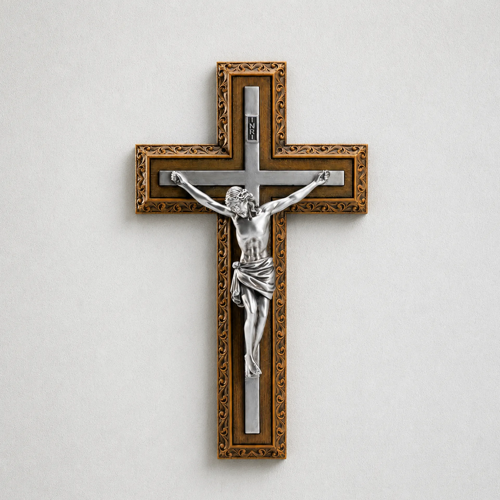 BC Catholic Crucifix Jesus Wall Cross-with Stainless Steel Rosary