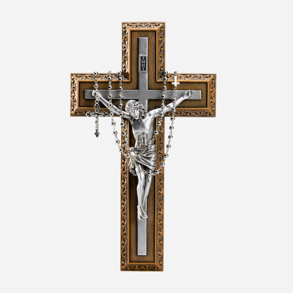 BC Catholic Crucifix Jesus Wall Cross-with Stainless Steel Rosary