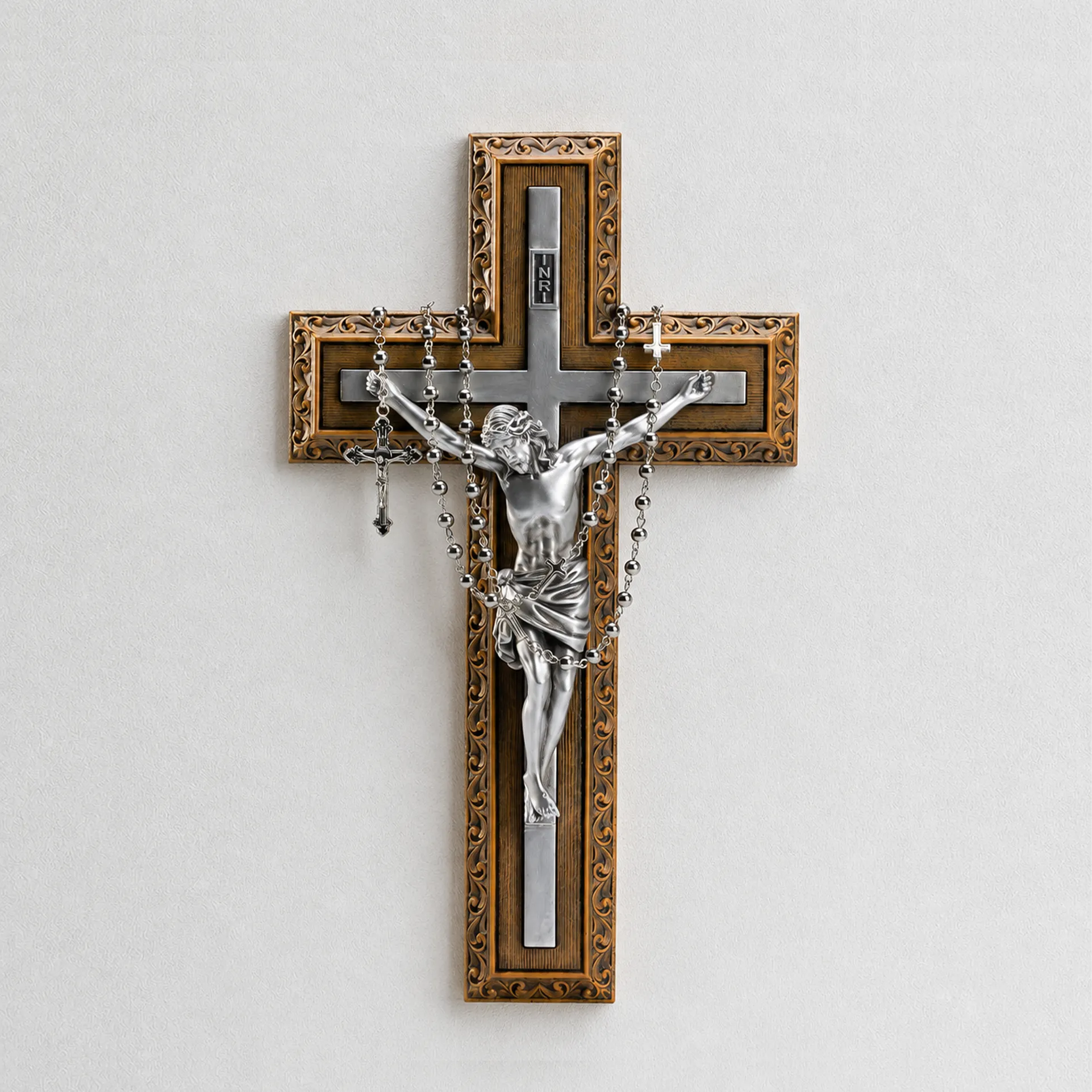 BC Catholic Crucifix Jesus Wall Cross-with Stainless Steel Rosary