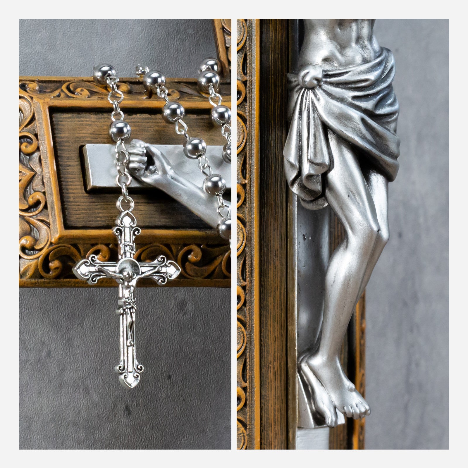 BC Catholic Crucifix Jesus Wall Cross-with Stainless Steel Rosary
