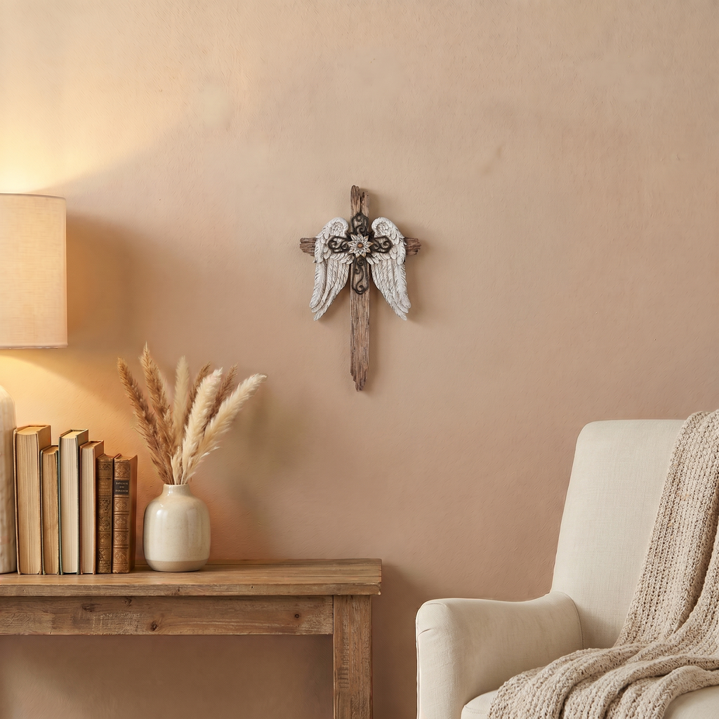 BC Home Decor Angel Wings Wall Cross -  Rustic Decor Style