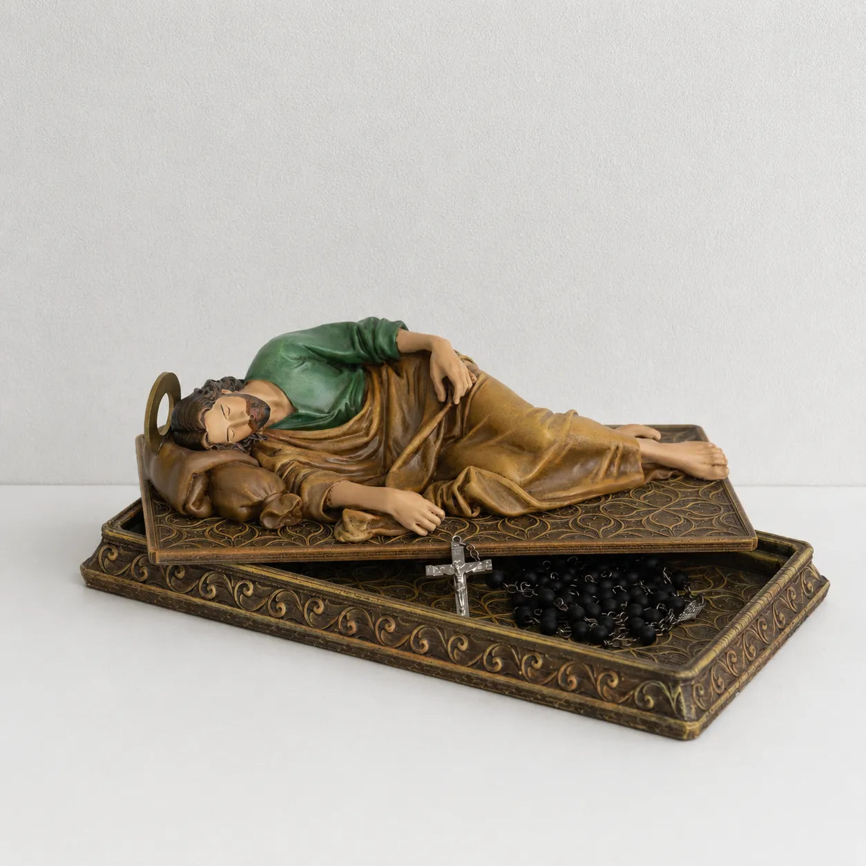 BC Catholic Sleeping St.Joseph Statue-with Case Base&Metal Halo